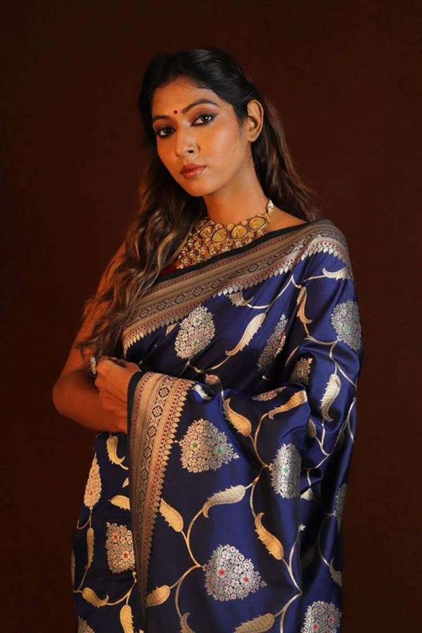 Traditional Navy Blue Saree with Elegant Golden Motifs  in Surat