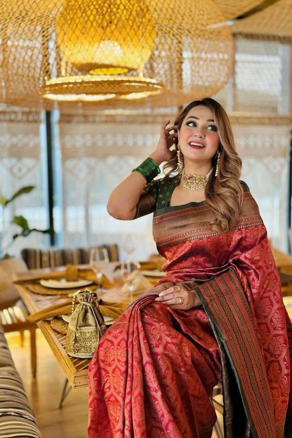 Traditional Red Banarasi Saree with Rich Pallu and Floral Zari Patterns  in Surat