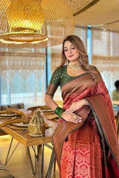 Traditional Red Banarasi Saree with Rich Pallu and Floral Zari Patterns in Surat