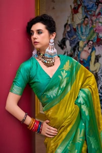 Two-Tone Banarasi Soft Silk Saree with Gold and Copper Zari Leaf Motifs in Three Pairings  in Surat