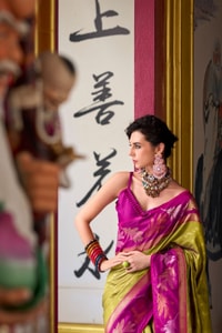Two-Tone Banarasi Soft Silk Saree with Gold and Copper Zari Leaf Motifs in Three Pairings  in Surat