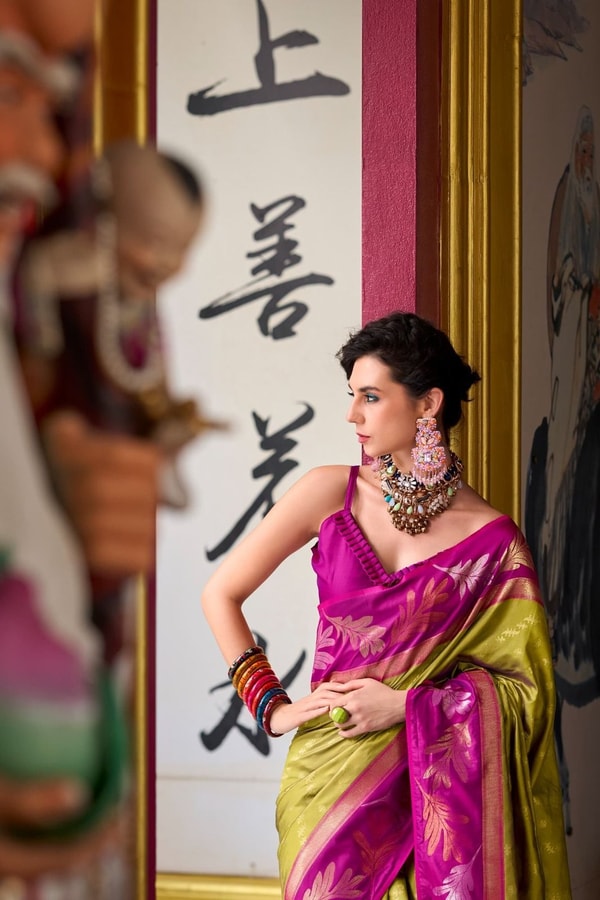 Two-Tone Banarasi Soft Silk Saree with Gold and Copper Zari Leaf Motifs in Three Pairings  in Surat