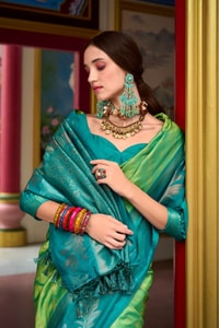 Two-Tone Banarasi Soft Silk Saree with Gold and Copper Zari Leaf Motifs in Three Pairings  in Surat
