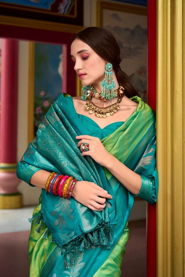 Two-Tone Banarasi Soft Silk Saree with Gold and Copper Zari Leaf Motifs in Three Pairings  in Surat