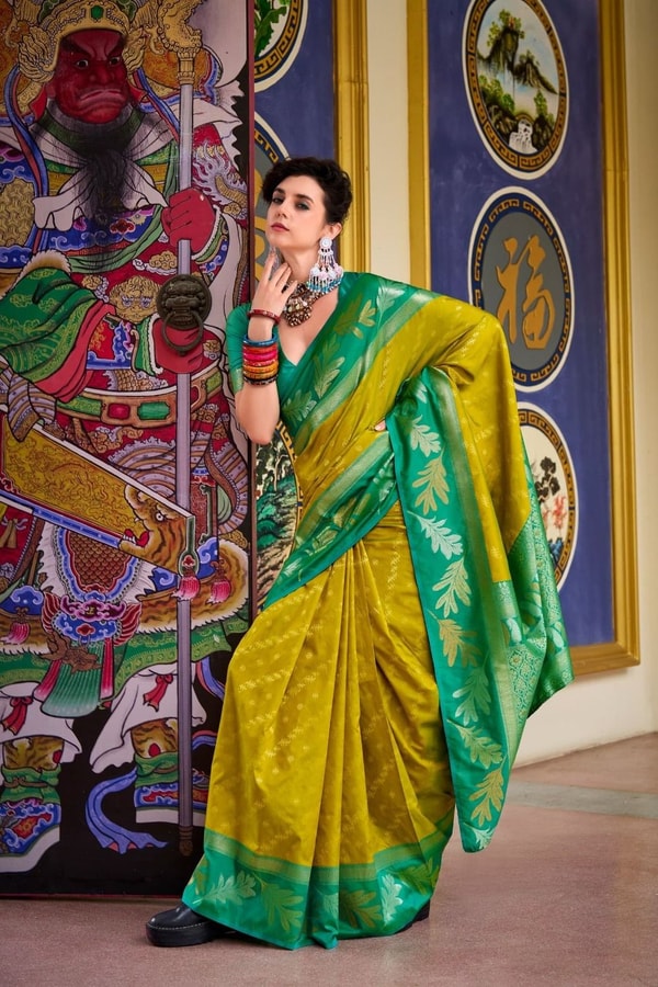 Two-Tone Banarasi Soft Silk Saree with Gold and Copper Zari Leaf Motifs in Three Pairings  in Surat