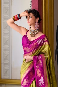 Two-Tone Banarasi Soft Silk Saree with Gold and Copper Zari Leaf Motifs in Three Pairings  in Surat
