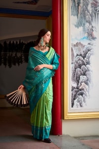 Two-Tone Banarasi Soft Silk Saree with Gold and Copper Zari Leaf Motifs in Three Pairings  in Surat