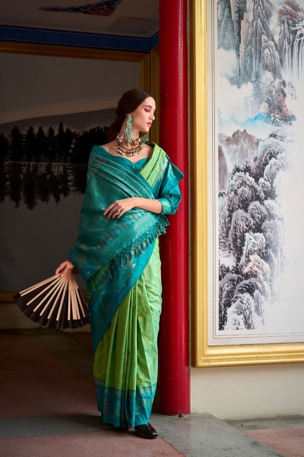 Two-Tone Banarasi Soft Silk Saree with Gold and Copper Zari Leaf Motifs in Three Pairings  in Surat