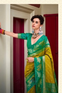 Two-Tone Banarasi Soft Silk Saree with Gold and Copper Zari Leaf Motifs in Three Pairings  in Surat