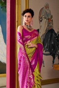 Two-Tone Banarasi Soft Silk Saree with Gold and Copper Zari Leaf Motifs in Three Pairings  in Surat