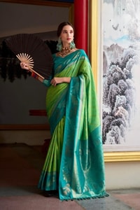 Two-Tone Banarasi Soft Silk Saree with Gold and Copper Zari Leaf Motifs in Three Pairings  in Surat
