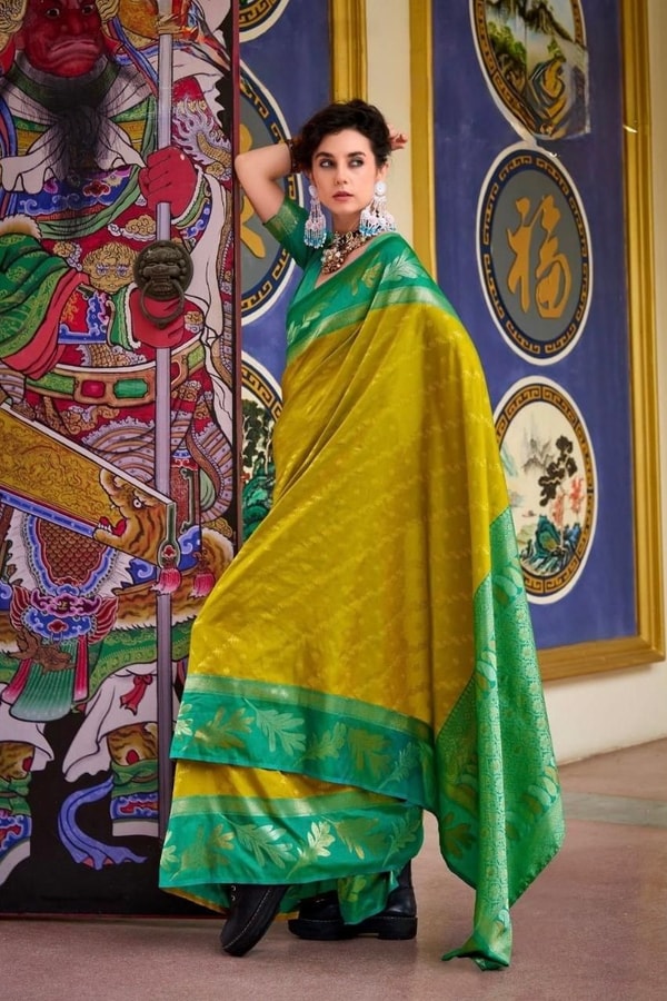 Two-Tone Banarasi Soft Silk Saree with Gold and Copper Zari Leaf Motifs in Three Pairings  in Surat