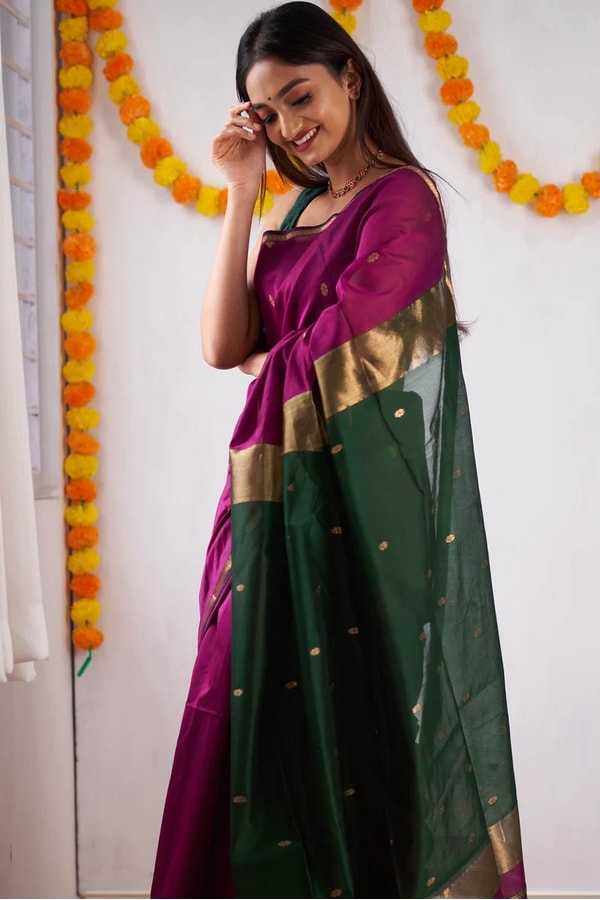 Two-Tone Contrast Pallu Banarasi Soft Silk Saree with Zari Buttis in Nine Colour Pairs  in Surat