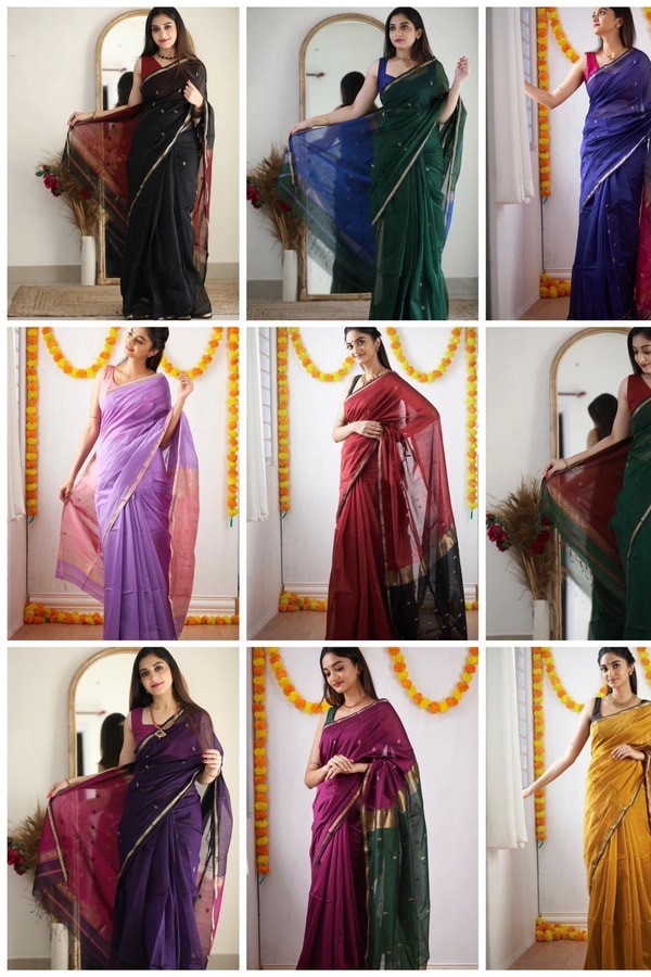 Two-Tone Contrast Pallu Banarasi Soft Silk Saree with Zari Buttis in Nine Colour Pairs  in Surat
