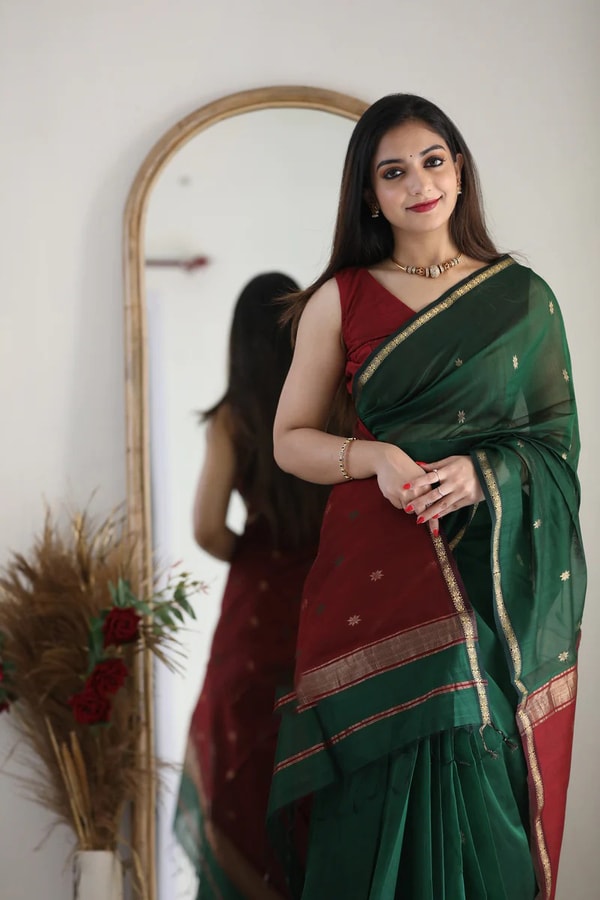 Two-Tone Contrast Pallu Banarasi Soft Silk Saree with Zari Buttis in Nine Colour Pairs  in Surat