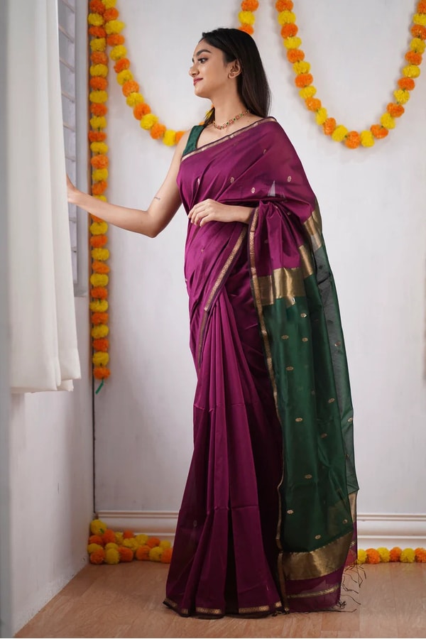 Two-Tone Contrast Pallu Banarasi Soft Silk Saree with Zari Buttis in Nine Colour Pairs  in Surat