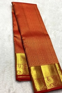 Vermilion Orange Banarasi Soft Silk Saree with Fine Zari Checks and Heavy Gold Border  in Surat