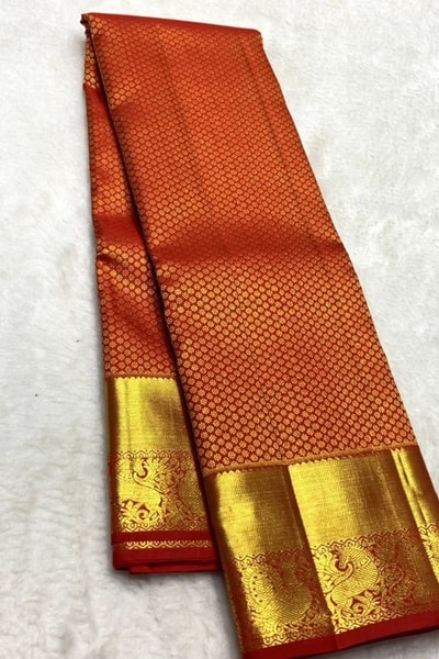 Vermilion Orange Banarasi Soft Silk Saree with Fine Zari Checks and Heavy Gold Border in Surat