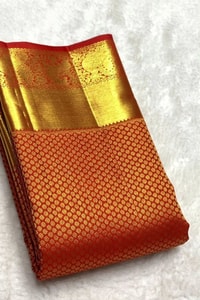 Vermilion Orange Banarasi Soft Silk Saree with Fine Zari Checks and Heavy Gold Border  in Surat