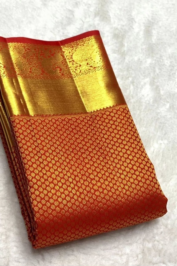 Vermilion Orange Banarasi Soft Silk Saree with Fine Zari Checks and Heavy Gold Border  in Surat