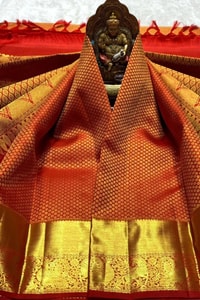 Vermilion Orange Banarasi Soft Silk Saree with Fine Zari Checks and Heavy Gold Border  in Surat
