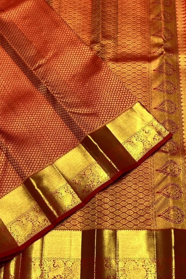 Vermilion Orange Banarasi Soft Silk Saree with Fine Zari Checks and Heavy Gold Border  in Surat