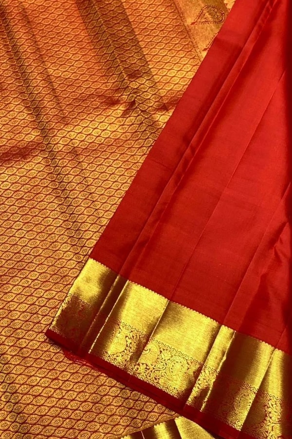 Vermilion Orange Banarasi Soft Silk Saree with Fine Zari Checks and Heavy Gold Border  in Surat