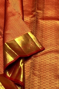 Vermilion Orange Banarasi Soft Silk Saree with Fine Zari Checks and Heavy Gold Border  in Surat
