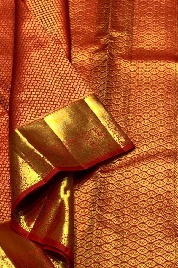 Vermilion Orange Banarasi Soft Silk Saree with Fine Zari Checks and Heavy Gold Border  in Surat