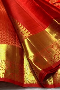 Vermilion Orange Banarasi Soft Silk Saree with Fine Zari Checks and Heavy Gold Border  in Surat