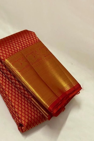 Vermilion Red Banarasi Soft Silk Saree with Small Zari Motif Grid and Broad Gold Border in Surat