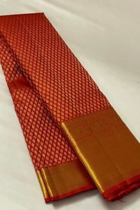 Vermilion Red Banarasi Soft Silk Saree with Small Zari Motif Grid and Broad Gold Border  in Surat