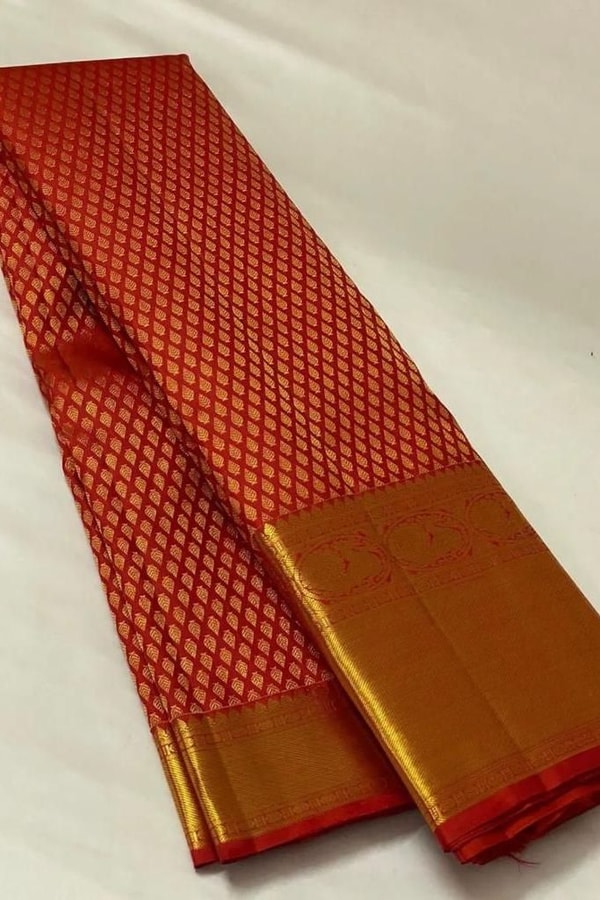 Vermilion Red Banarasi Soft Silk Saree with Small Zari Motif Grid and Broad Gold Border  in Surat