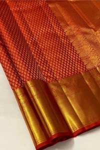 Vermilion Red Banarasi Soft Silk Saree with Small Zari Motif Grid and Broad Gold Border  in Surat