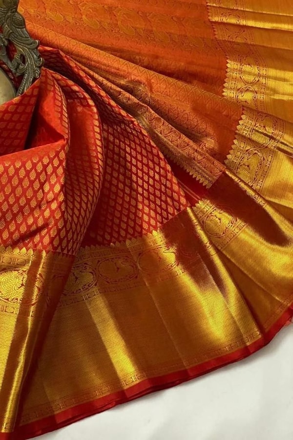 Vermilion Red Banarasi Soft Silk Saree with Small Zari Motif Grid and Broad Gold Border  in Surat