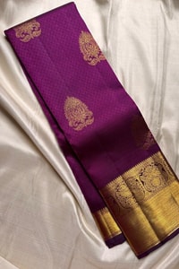 Violet Banarasi Soft Silk Saree with Gold Floral Buttas and Peacock Medallion Zari Border  in Surat