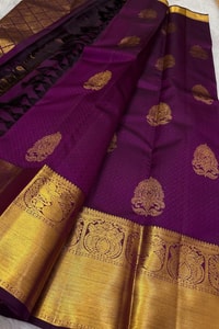 Violet Banarasi Soft Silk Saree with Gold Floral Buttas and Peacock Medallion Zari Border  in Surat