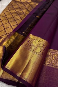 Violet Banarasi Soft Silk Saree with Gold Floral Buttas and Peacock Medallion Zari Border  in Surat