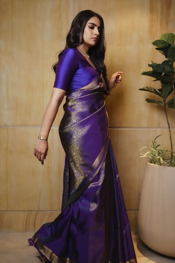 Violet Banarasi Soft Silk Saree with Gold Zari Floral Jaal and Wide Gold Border  in Surat