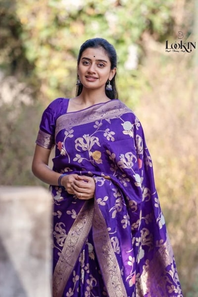 Violet Banarasi Soft Silk Saree with Large Zari Floral Motifs and Woven Zari Border in Surat