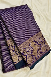 Violet Banarasi Soft Silk Saree with Pinstripe Zari Body and Floral Zari Border  in Surat