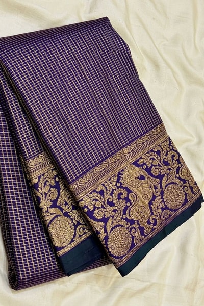 Violet Banarasi Soft Silk Saree with Pinstripe Zari Body and Floral Zari Border in Surat