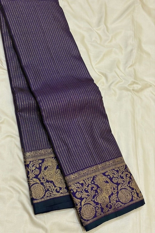 Violet Banarasi Soft Silk Saree with Pinstripe Zari Body and Floral Zari Border  in Surat