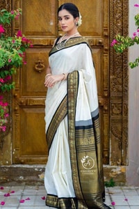 White Banarasi Soft Silk Saree with Black and Gold Zari Border and Golden Pallu  in Surat