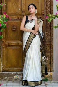 White Banarasi Soft Silk Saree with Black and Gold Zari Border and Golden Pallu  in Surat