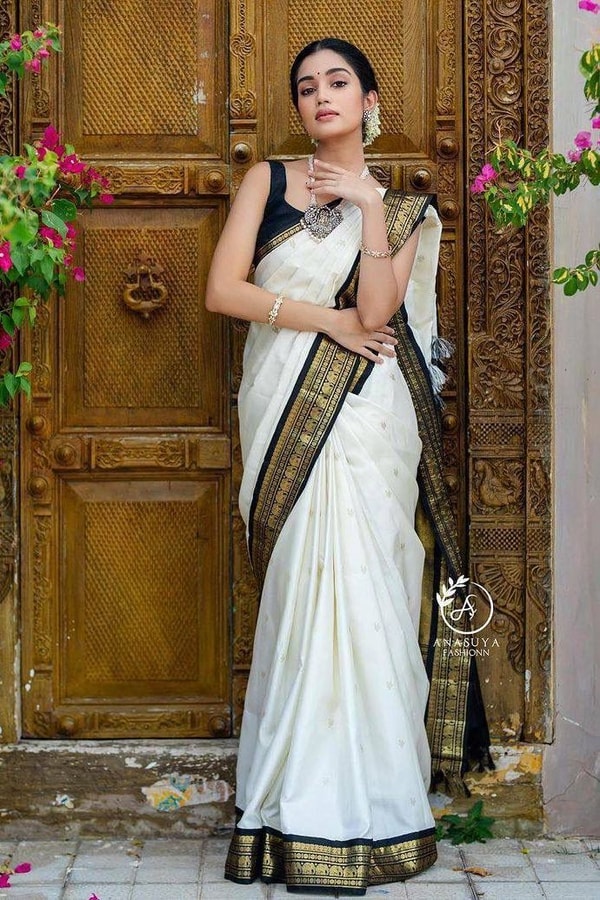 White Banarasi Soft Silk Saree with Black and Gold Zari Border and Golden Pallu  in Surat