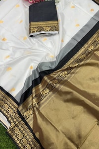 White Banarasi Soft Silk Saree with Black and Gold Zari Border and Golden Pallu  in Surat