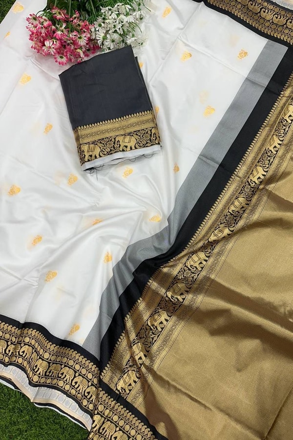 White Banarasi Soft Silk Saree with Black and Gold Zari Border and Golden Pallu  in Surat