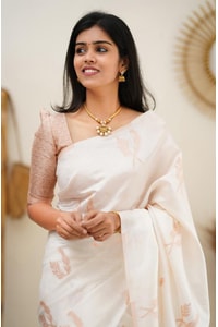White Banarasi Soft Silk Saree with Copper Zari Leaf Buttis and Peach Woven Pallu  in Surat