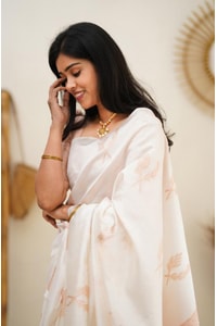 White Banarasi Soft Silk Saree with Copper Zari Leaf Buttis and Peach Woven Pallu  in Surat